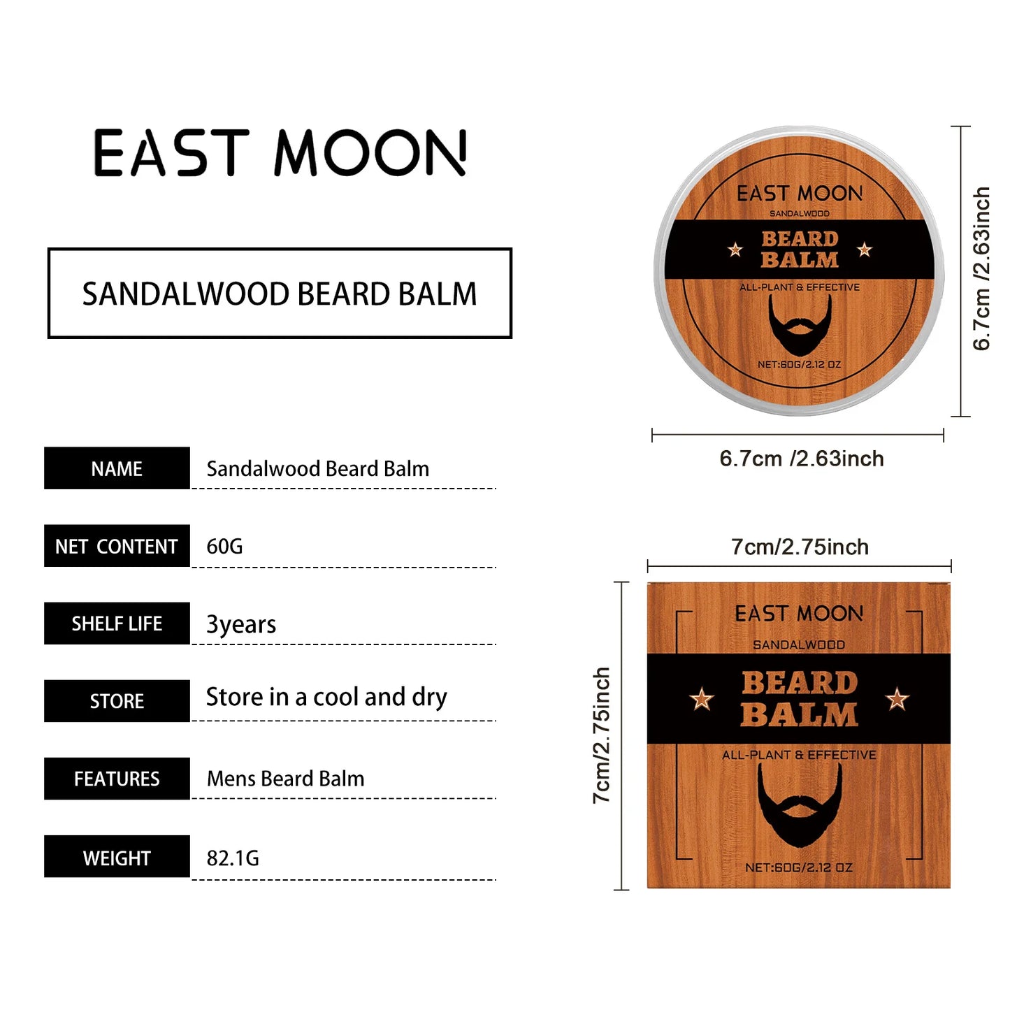 Beard Balm for Men with Sandalwood&Beeswax - Nourishing&Softening Beard Care Balm, Vitamin E Enriched, Anti-Itch Formula for dry