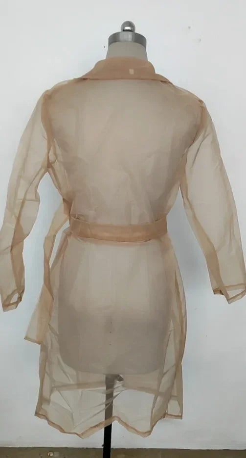 Joskaa Solid Organza See Through Lapel Full Sleeve Trench 2023 Summer Women Fashion Buttoned Coat with Belt Elegant Shirts