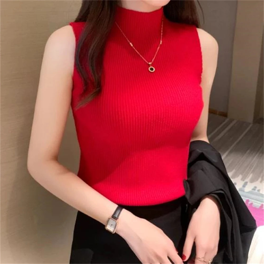 Turtleneck Sleeveless Vest for Women Fashion Party Green Office Lady Top Sexy Streetwear Basic Tank Top