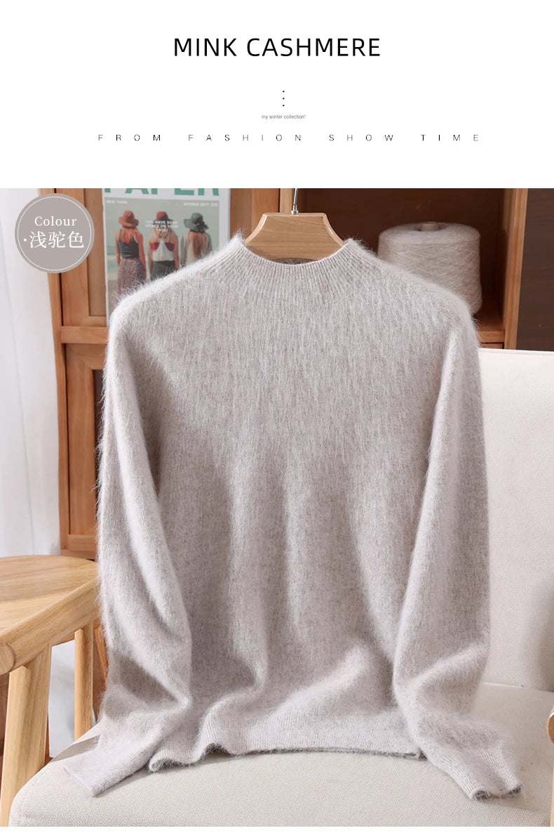 Women's Sweater Semi High Neck Autumn/Winter Pullover Long Sleeved High-End 100% Mink Fur Knitted Sweater Fashion Korean Version