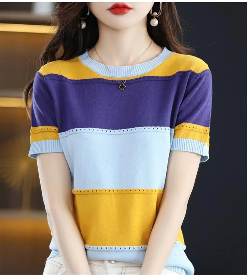 2024 Summer New Ice Silk T-shirt Short-sleeved Stripes knitted Pullover Womens Color Matching Hollow Thin Knitted Sweater Ladies