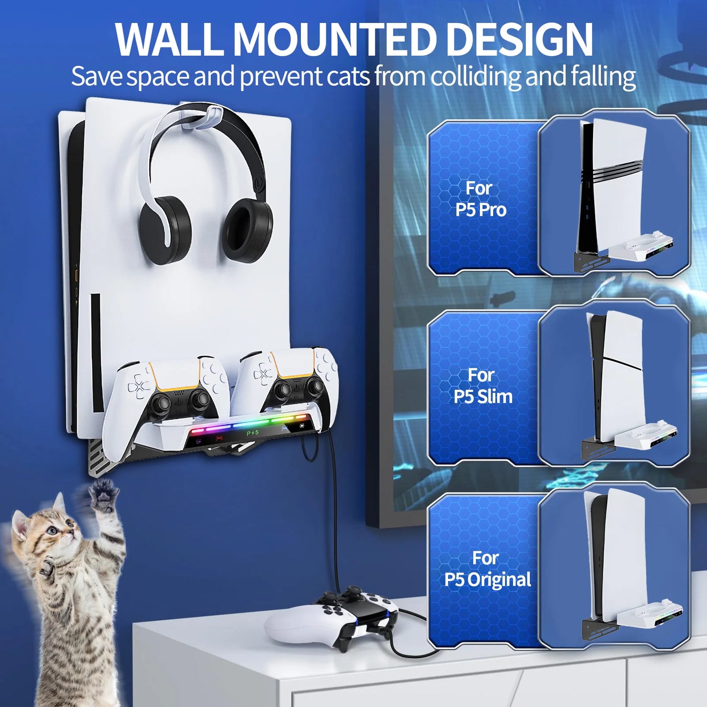 Wall Mount Kit For PS5/ Pro/ Slim Console with RGB Light Charging Station Headset Hanger For PS5 Dual Controller Accessories