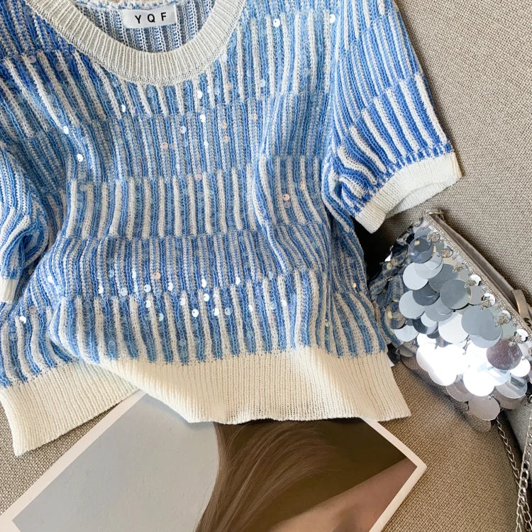 Summer Women's Sweater Sequins Striped Slim Knit Pullovers T-shirts Crop Tops Stylish Chic Fashion Short Sleeve O-neck Jumpers