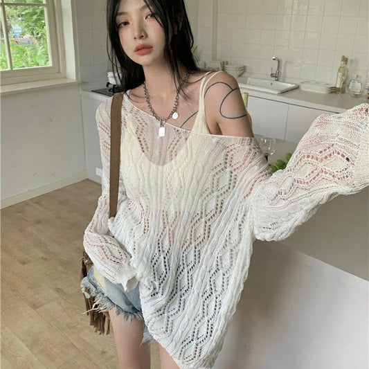 Fashion Two-Sided Wear Knitted Pullover Women Summer Thin Hollow Out Sunscreen Knitwear Woman Streetwear Loose See Through Tops