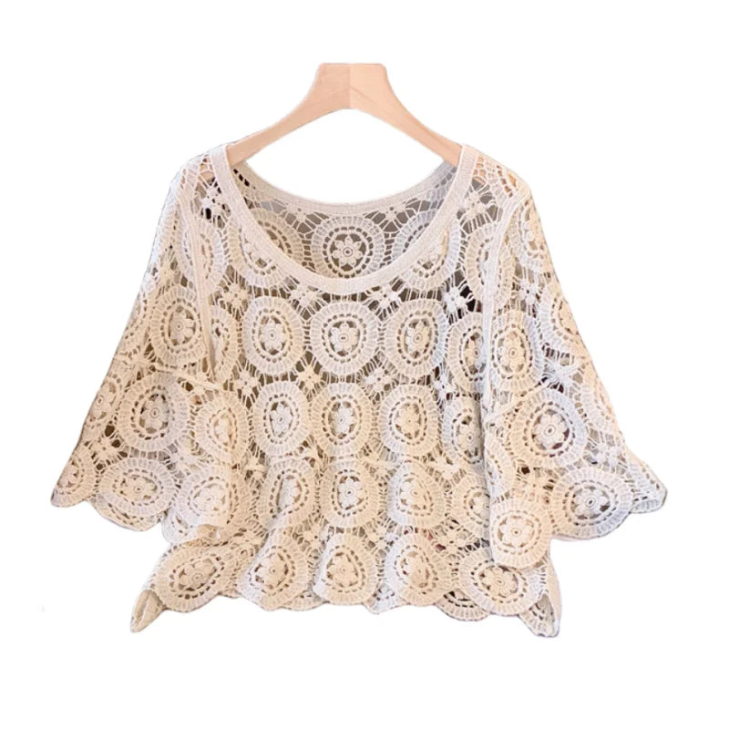 2025 Lace Chic Women's Short French Style Hollowed-out Knitted Sweater Pullover Korean Style New Loose Summer New Top