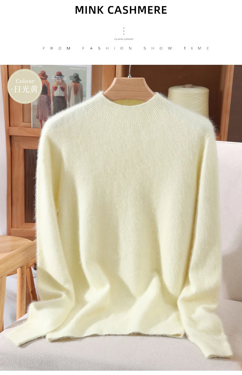 Women's Sweater Semi High Neck Autumn/Winter Pullover Long Sleeved High-End 100% Mink Fur Knitted Sweater Fashion Korean Version
