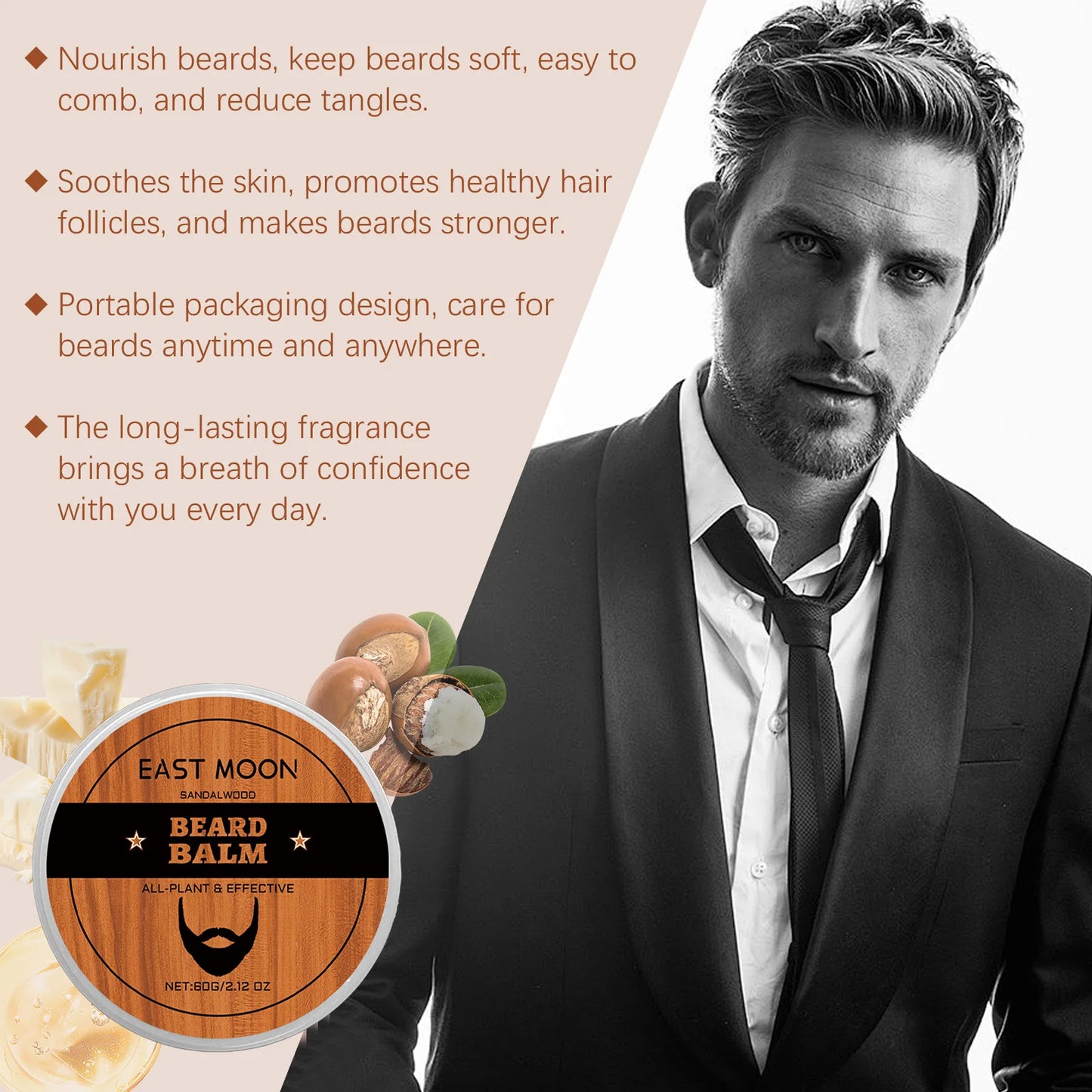Beard Balm for Men with Sandalwood&Beeswax - Nourishing&Softening Beard Care Balm, Vitamin E Enriched, Anti-Itch Formula for dry