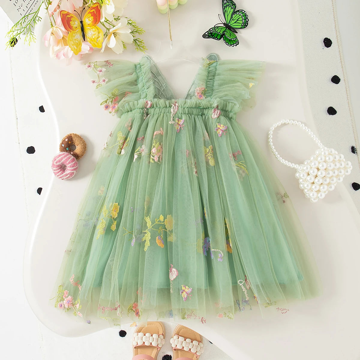 Summer New Sweet Butterfly Wing Baby Girl Princess Dress, Floral Chiffon Wedding Party Children'S Sleeveless Clothes (0-4 Years）