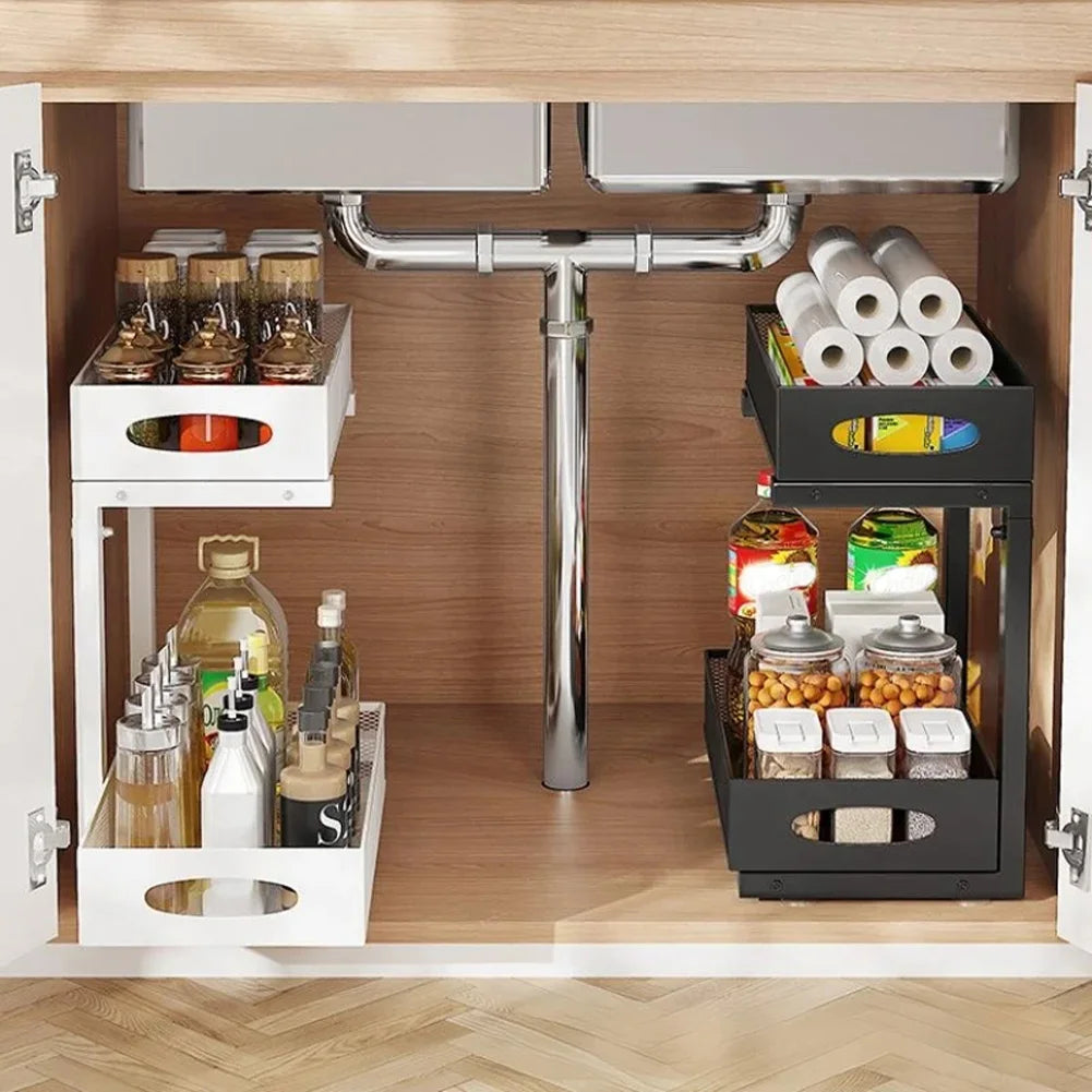 2 Tier Adjustable Height Under Sink Organizer with Sliding Drawer Pull Out Under Cabinet Kitchen Bathroom Organizer and Storage