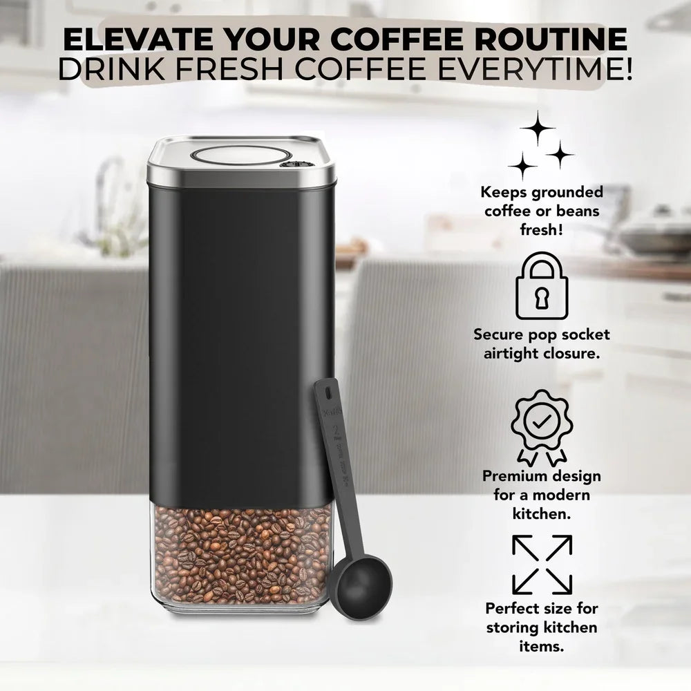 Airtight Kitchen Storage Container Coffee Canister with Scoop Borosilicate Glass and Stainless Steel Perfect Beans Spices Cereal