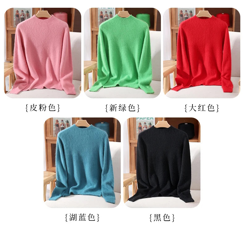 Women's Sweater Semi High Neck Autumn/Winter Pullover Long Sleeved High-End 100% Mink Fur Knitted Sweater Fashion Korean Version