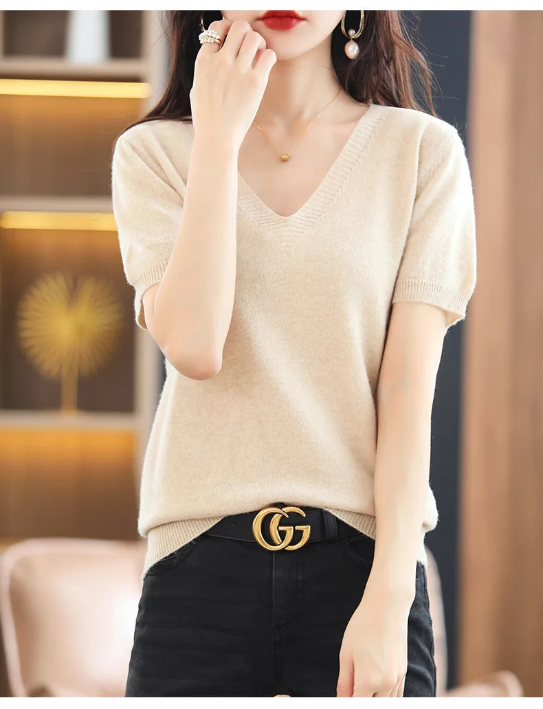 Spring Summer Women Sweater Knit Tshirts V-neck Short Sleeve Knitwears Korean Fashion Pullovers Solid Bottoming Shirt Jumper