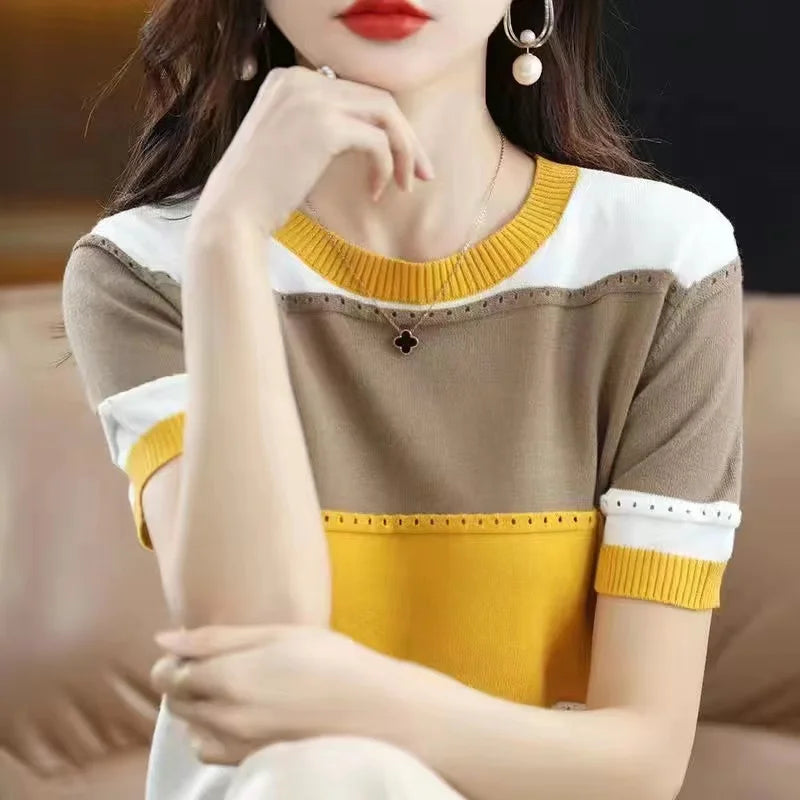 2024 Summer New Ice Silk T-shirt Short-sleeved Stripes knitted Pullover Womens Color Matching Hollow Thin Knitted Sweater Ladies