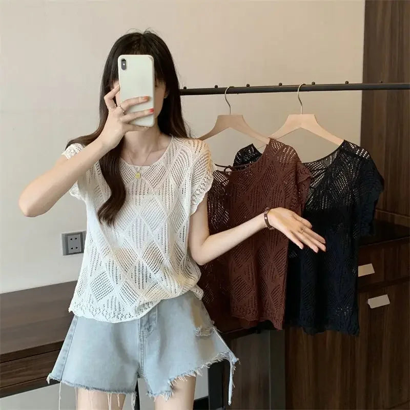 2025 Summer New Hollow Ice Silk Sweater for Women Short-sleeved Shirt with Backless Vests and Thin Tops