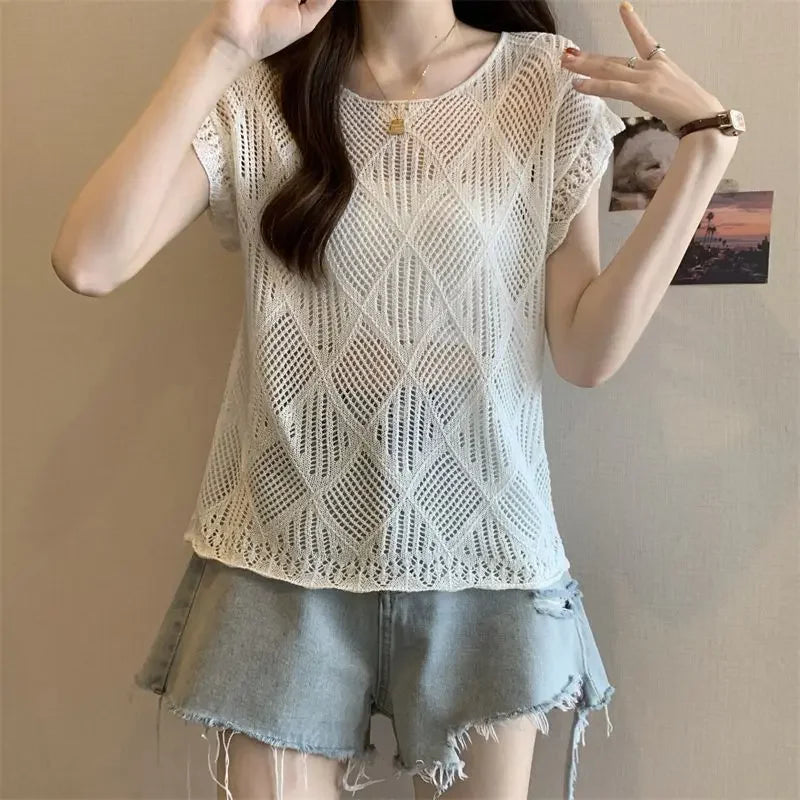 2025 Summer New Hollow Ice Silk Sweater for Women Short-sleeved Shirt with Backless Vests and Thin Tops