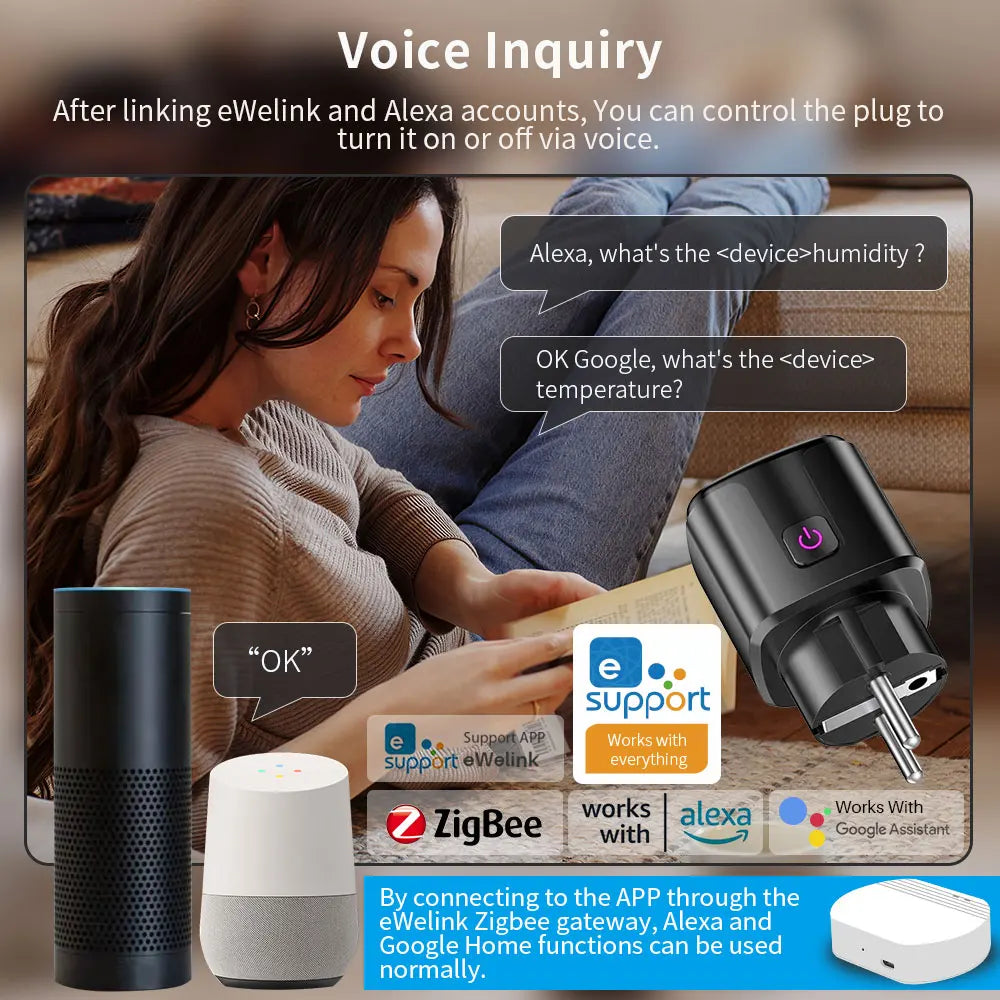 eWelink Zigbee Smart Plug 16A/20A EU Socket with Power Monitor Voice Control Compatible with Google Assistant Alexa