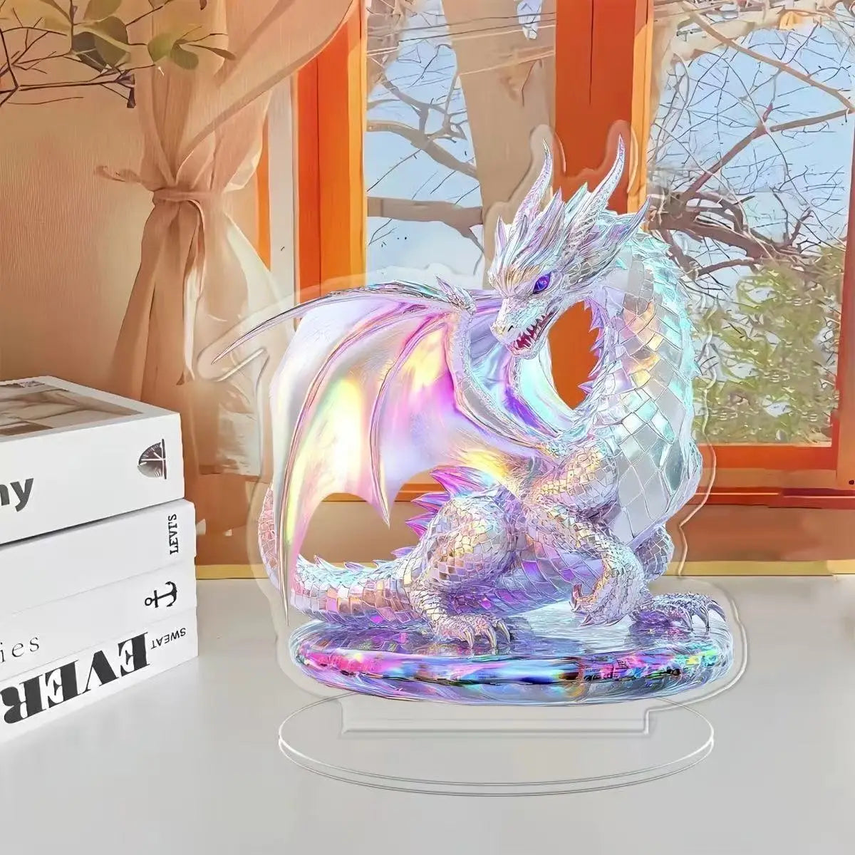 Acrylic White Crystal Dragon Statue 2D Flat Cool Figurine Office Cafe Living Room Studio Display Table Ornament Gift Home Decor