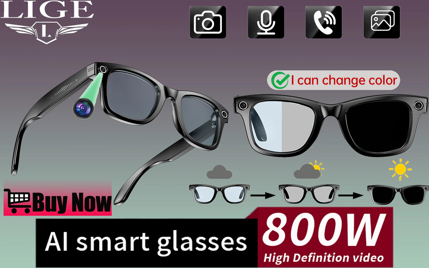 Smart Glasses Recording Videos AI Photo Recognition Answer Translation 260mAh Large Battery IP65 Waterproof Bluetooth Glasses