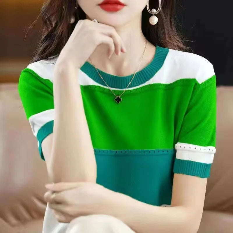 2024 Summer New Ice Silk T-shirt Short-sleeved Stripes knitted Pullover Womens Color Matching Hollow Thin Knitted Sweater Ladies