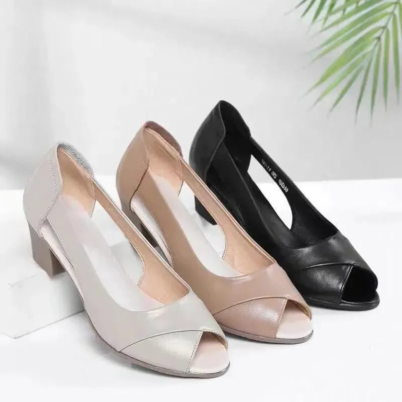 Female Shoes on Sale 2024 New Slip on Women's Sandals Solid Slip on Open Toe Chunky Heels Neutral Mature Fish Mouth Sandals