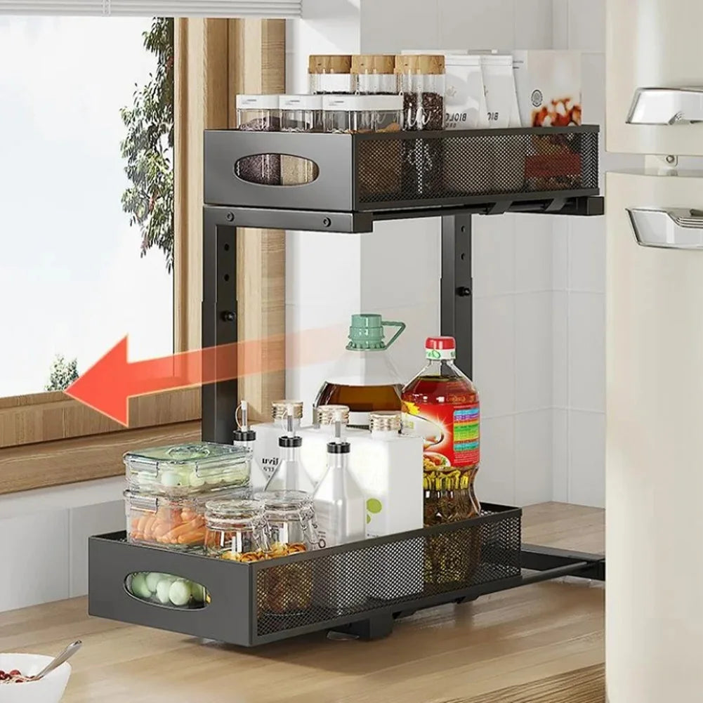 2 Tier Adjustable Height Under Sink Organizer with Sliding Drawer Pull Out Under Cabinet Kitchen Bathroom Organizer and Storage