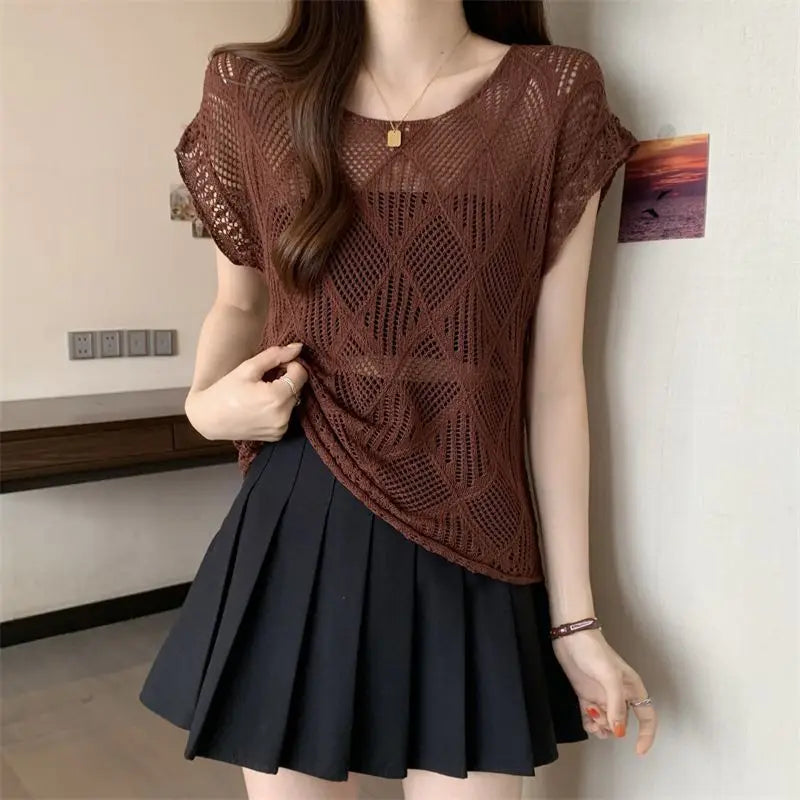 2025 Summer New Hollow Ice Silk Sweater for Women Short-sleeved Shirt with Backless Vests and Thin Tops