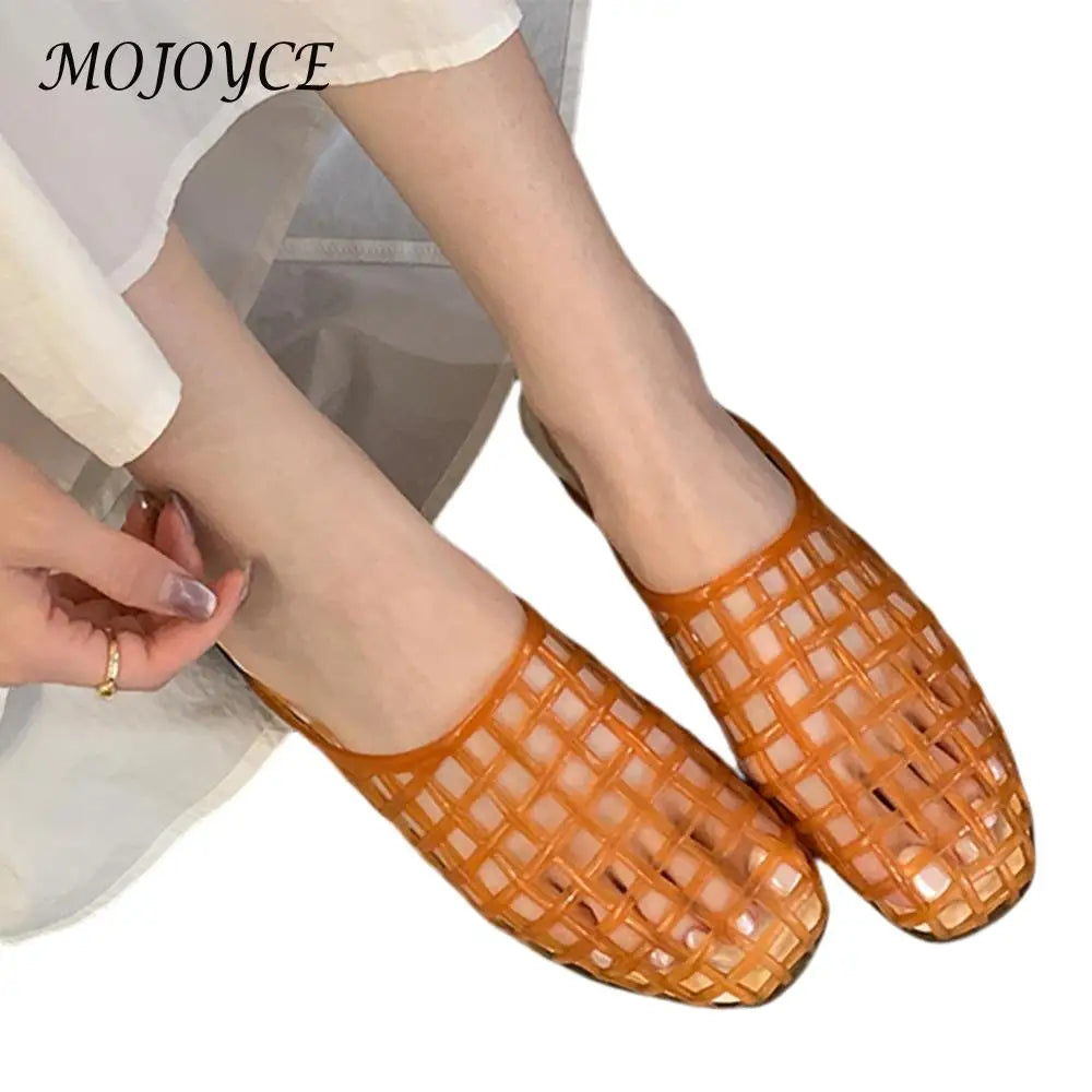 Women Jelly Flats Fashion Slip-On Flats Closed Toe Hollow Out Ballet Flats Breathable Casual Flat Sandals for Outdoor Travel