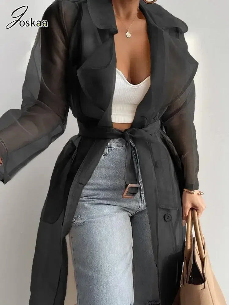 Joskaa Solid Organza See Through Lapel Full Sleeve Trench 2023 Summer Women Fashion Buttoned Coat with Belt Elegant Shirts