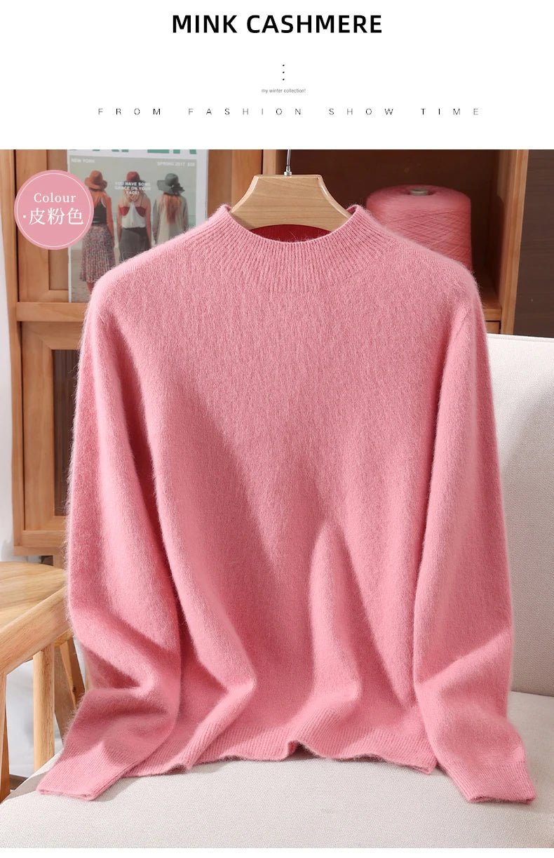 Women's Sweater Semi High Neck Autumn/Winter Pullover Long Sleeved High-End 100% Mink Fur Knitted Sweater Fashion Korean Version