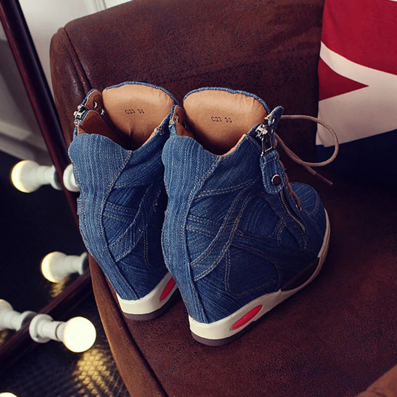 Women's Denim Wedges high top sneakers Platform Casual Fashion Woman Zipper Vulcanized Shoes Thick Bottom Big Size 41