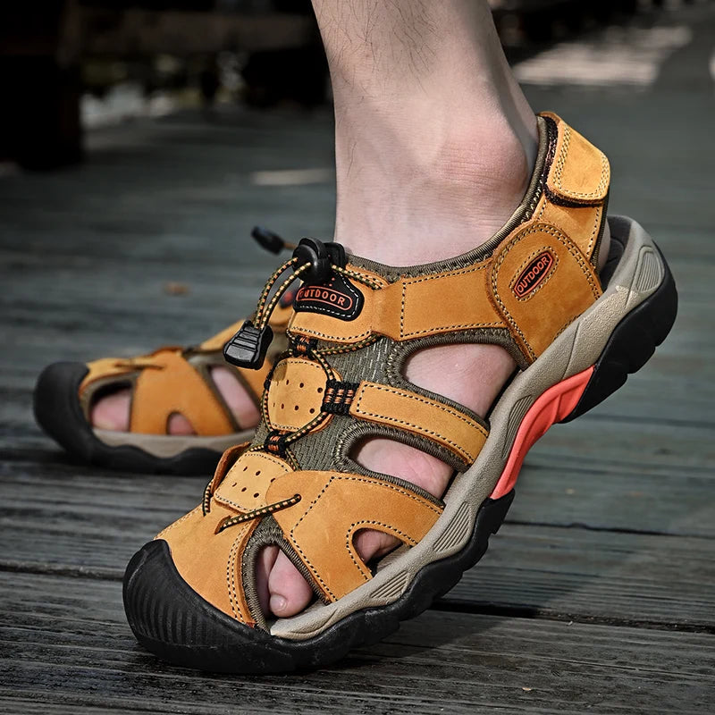 Summer Men's Sandals Classic Genuine Leather Sandals Fashion Outdoor Hiking Shoes Light  Breathable Non-slip Sneakers 38-48