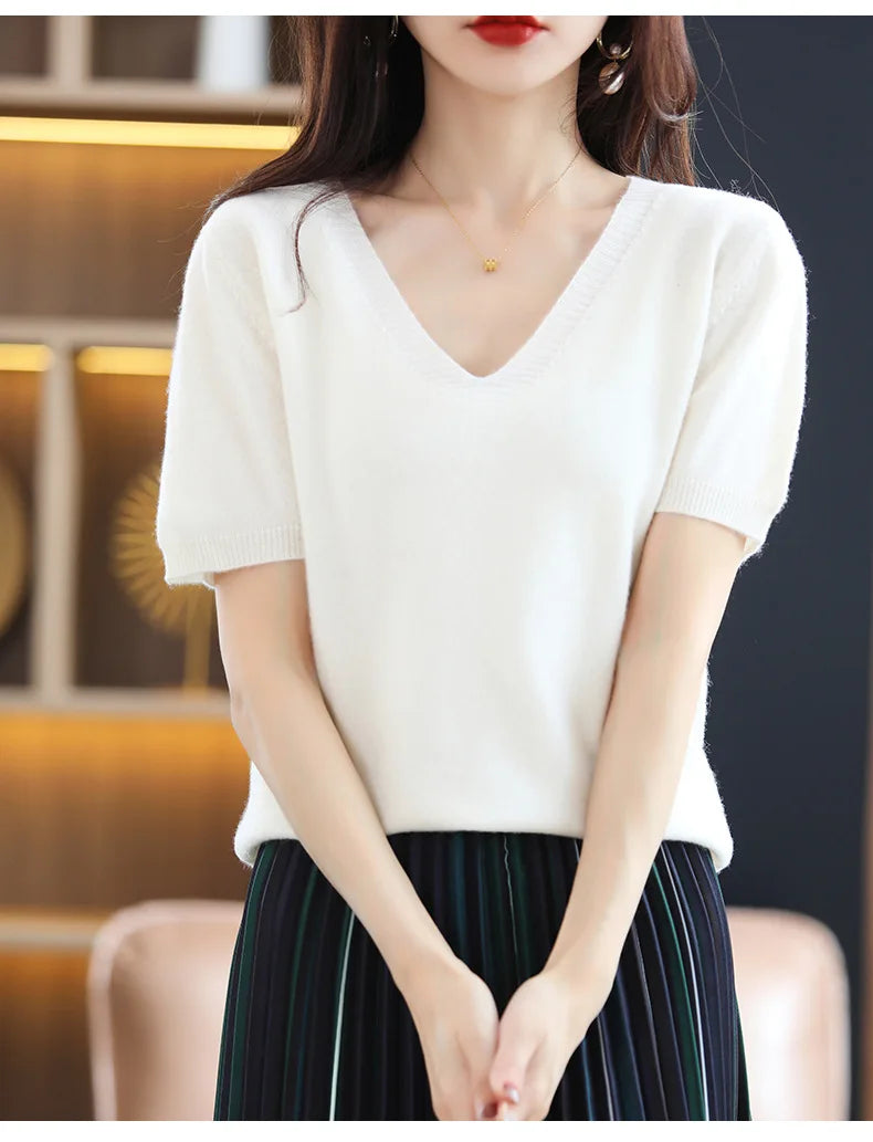 Spring Summer Women Sweater Knit Tshirts V-neck Short Sleeve Knitwears Korean Fashion Pullovers Solid Bottoming Shirt Jumper
