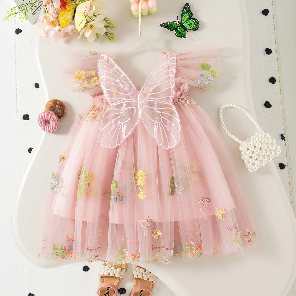 Summer New Sweet Butterfly Wing Baby Girl Princess Dress, Floral Chiffon Wedding Party Children'S Sleeveless Clothes (0-4 Years）
