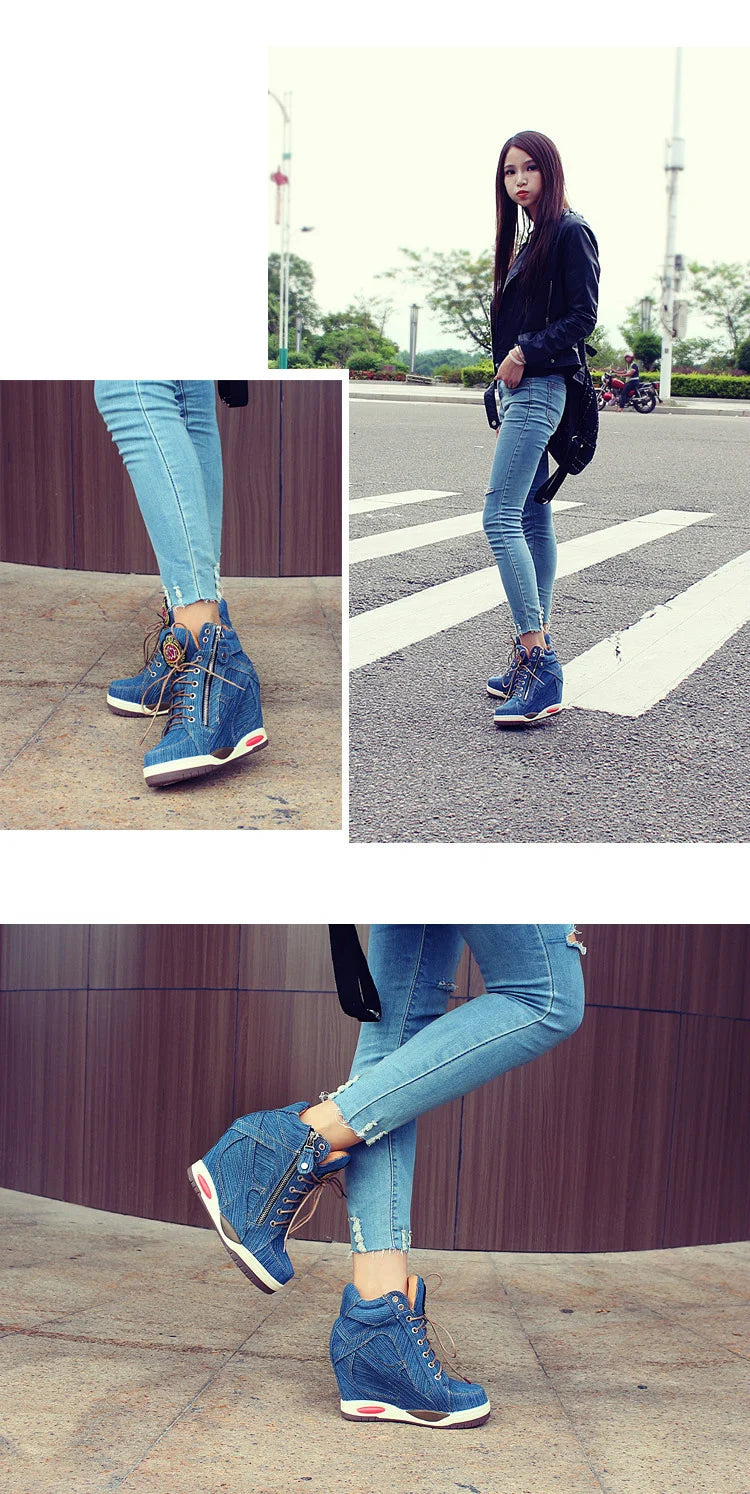Women's Denim Wedges high top sneakers Platform Casual Fashion Woman Zipper Vulcanized Shoes Thick Bottom Big Size 41