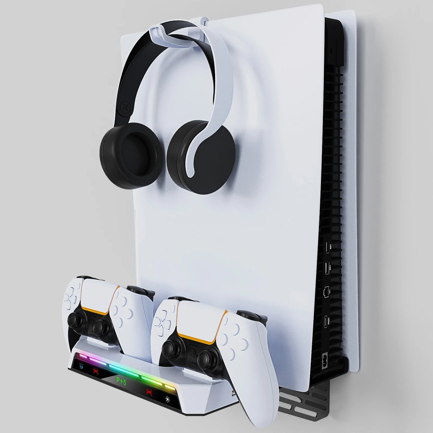 Wall Mount Kit For PS5/ Pro/ Slim Console with RGB Light Charging Station Headset Hanger For PS5 Dual Controller Accessories