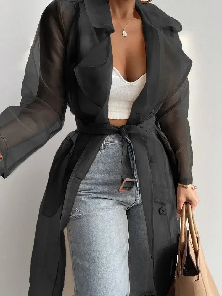 Joskaa Solid Organza See Through Lapel Full Sleeve Trench 2023 Summer Women Fashion Buttoned Coat with Belt Elegant Shirts