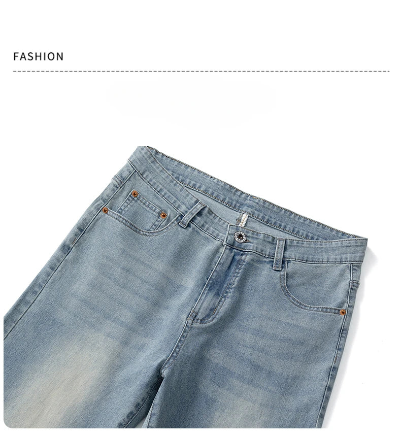 Summer Thin Men's Printed Jeans Breathable Fashion Business Loose Pants Washing Vintage Casual Denim Trousers Male