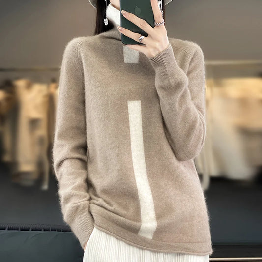 RONGYI 100% Mink Cashmere Women's Turtleneck Pullover Knitted Color Matching Fashion Casual Coat Autumn And Winter Hot Top