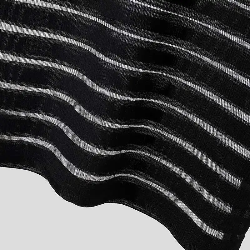 2023 Men T Shirt Mesh Striped O-neck Short Sleeve Transparent Men Clothing Streetwear Sexy Korean Fashion Tee Tops S-5XL INCERUN