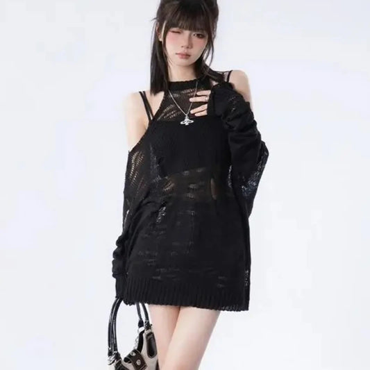 Exposed Shoulder Knitted Top Loose Women Y2k Aesthetic Hollow Out Thin Pullover Jacket Spring Summer Fashion Casual Sexy Sweater