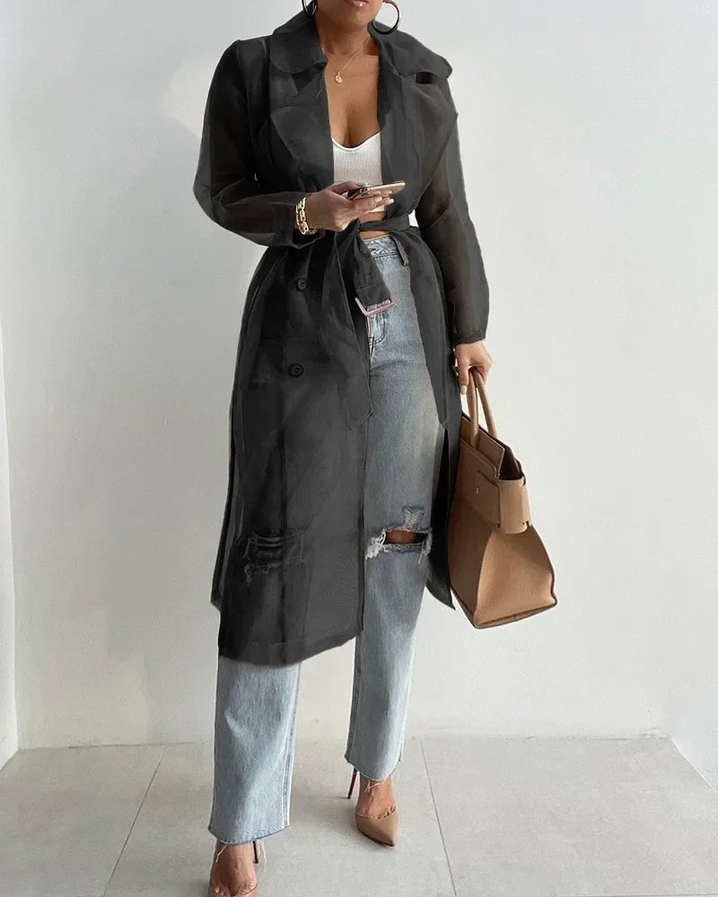 Joskaa Solid Organza See Through Lapel Full Sleeve Trench 2023 Summer Women Fashion Buttoned Coat with Belt Elegant Shirts