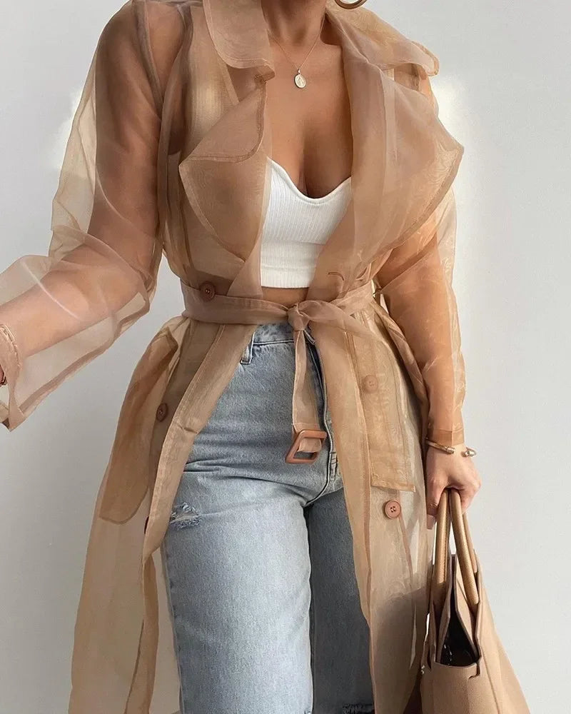 Joskaa Solid Organza See Through Lapel Full Sleeve Trench 2023 Summer Women Fashion Buttoned Coat with Belt Elegant Shirts