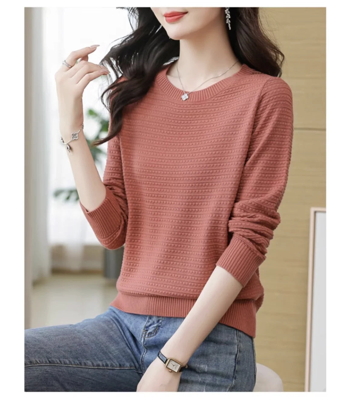 AutumnWinter New Solid Color Women's Base Layer Fashion Hollow Knit Long Sleeve Sweater