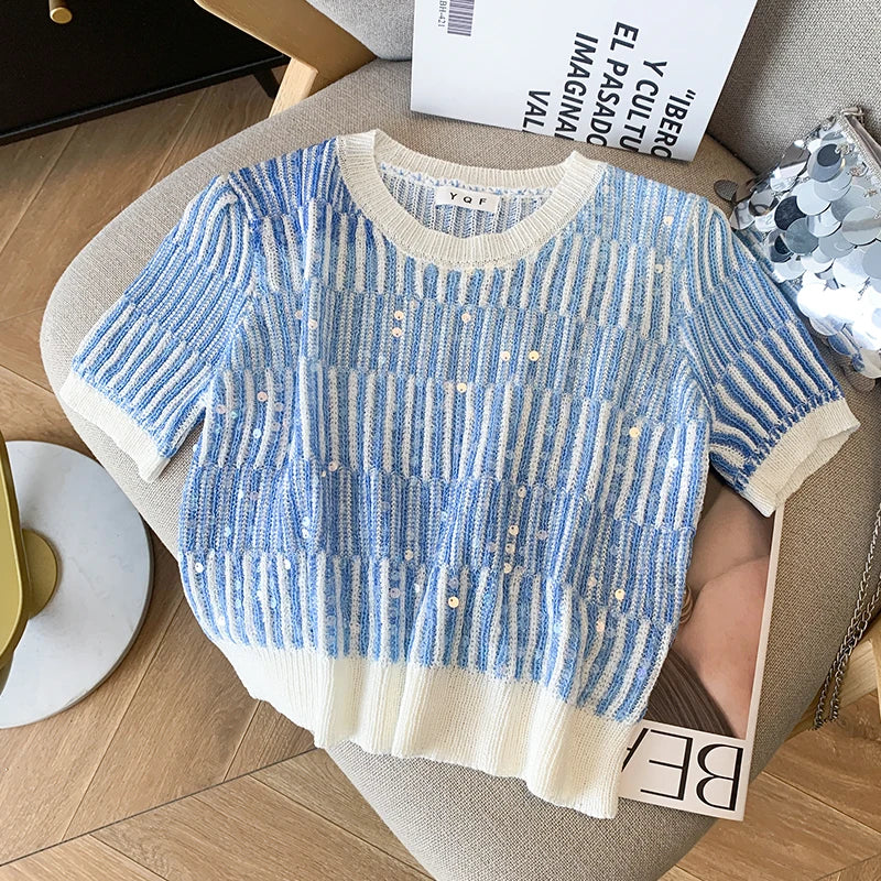 Summer Women's Sweater Sequins Striped Slim Knit Pullovers T-shirts Crop Tops Stylish Chic Fashion Short Sleeve O-neck Jumpers