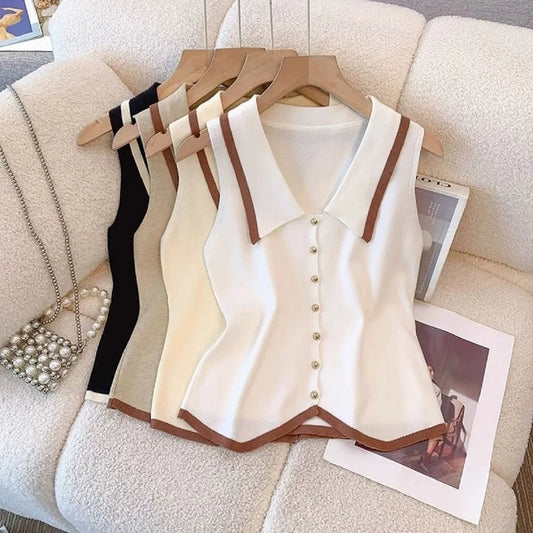 Women Summer Sweater Korean Fashion Polo Neck Slim Fit Knitted Vest Sleeveless Single Breasted Female Tank Top Clothing
