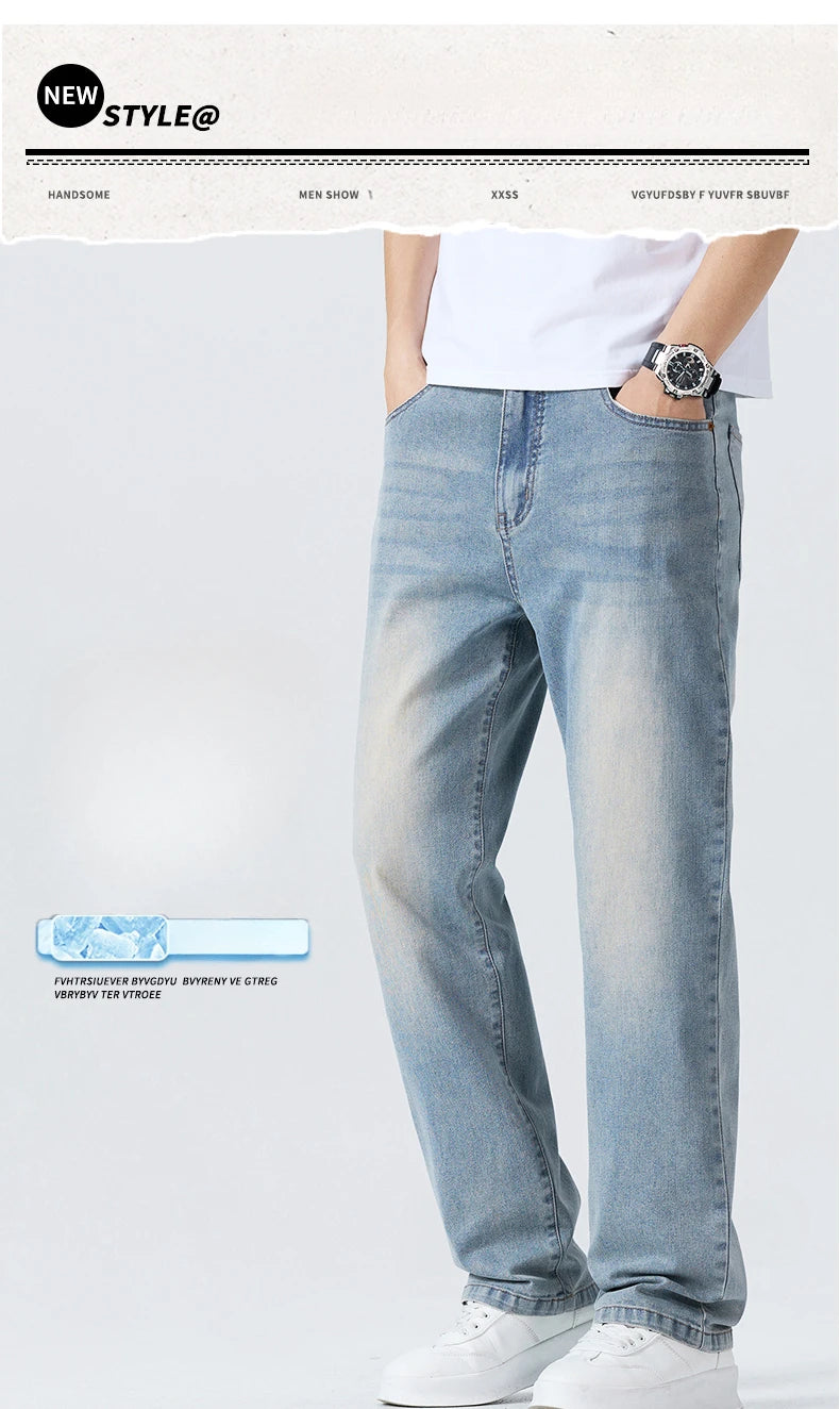 Summer Thin Men's Printed Jeans Breathable Fashion Business Loose Pants Washing Vintage Casual Denim Trousers Male