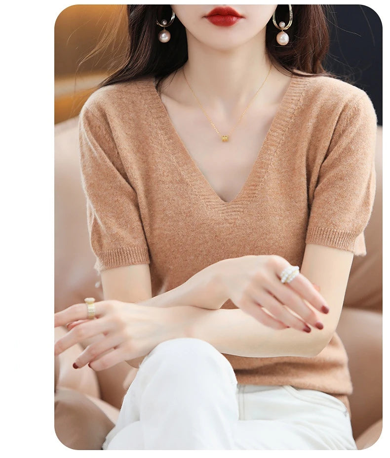 Spring Summer Women Sweater Knit Tshirts V-neck Short Sleeve Knitwears Korean Fashion Pullovers Solid Bottoming Shirt Jumper