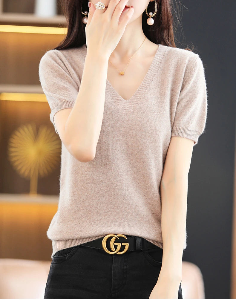 Spring Summer Women Sweater Knit Tshirts V-neck Short Sleeve Knitwears Korean Fashion Pullovers Solid Bottoming Shirt Jumper