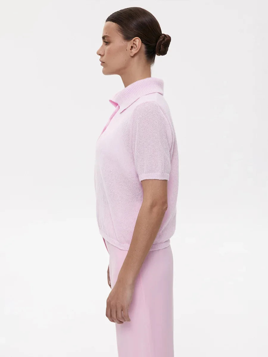 Wolfeel Summer New Polo Collar Hollow Knitted Short Sleeved Sweater Women's Bubble Sleeve T-shirt Female Simple Knitted Sweater