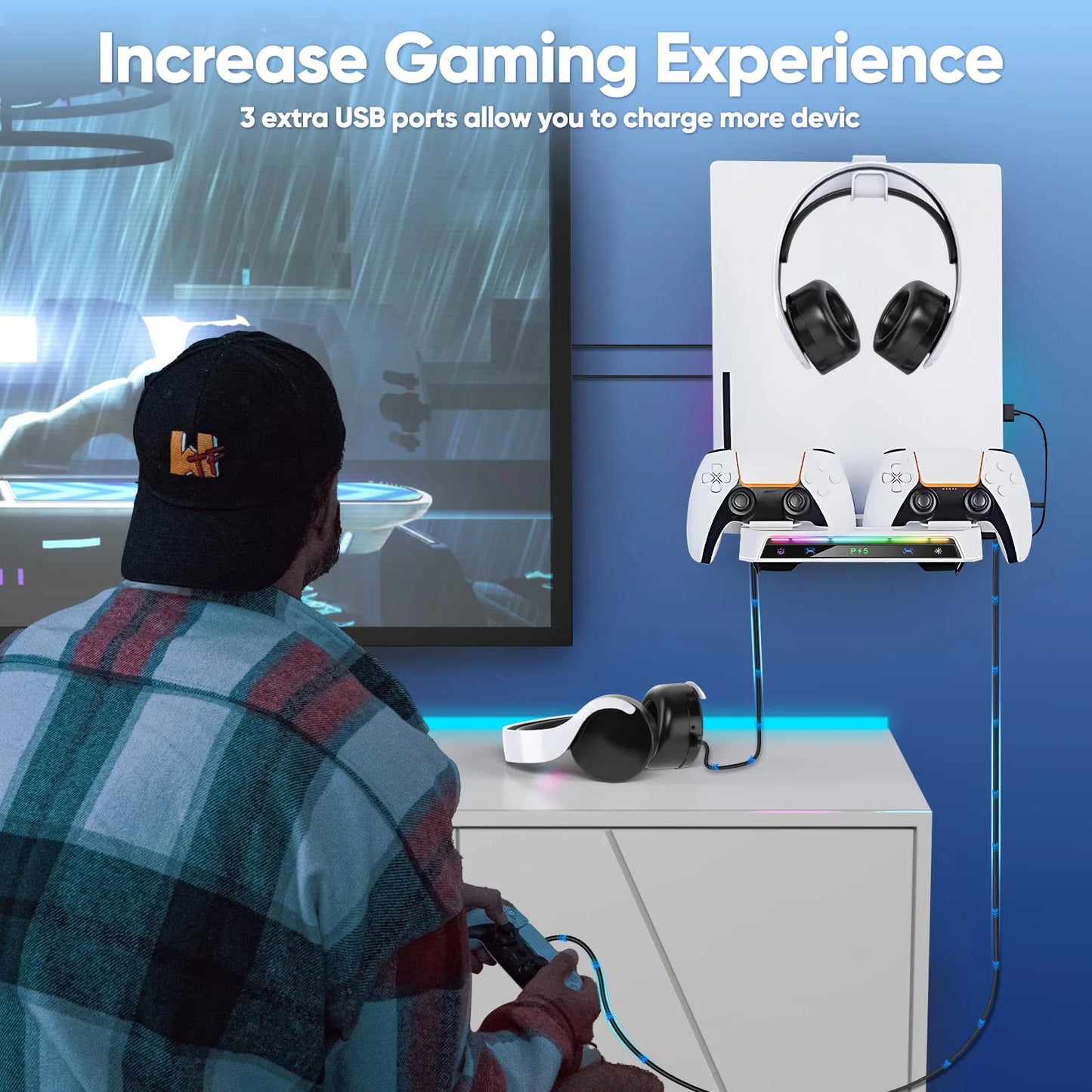 Wall Mount Kit For PS5/ Pro/ Slim Console with RGB Light Charging Station Headset Hanger For PS5 Dual Controller Accessories